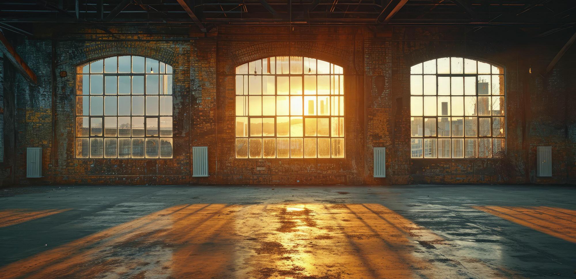 Sunset light streaming through large arched windows in an empty industrial loft with brick walls and a glossy floor.